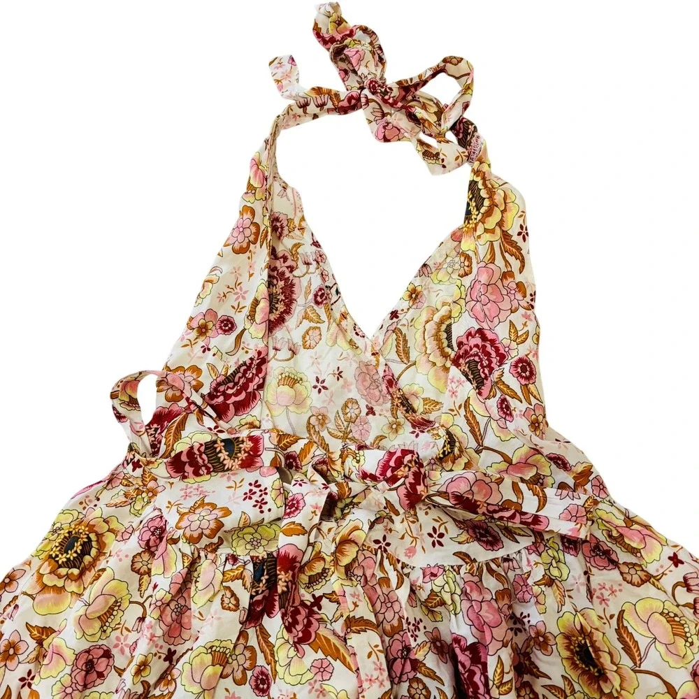 R Vioimos Floral Halter Dress Women Sz. XS Pink Yellow 70s Style Boho Mini *NWT*